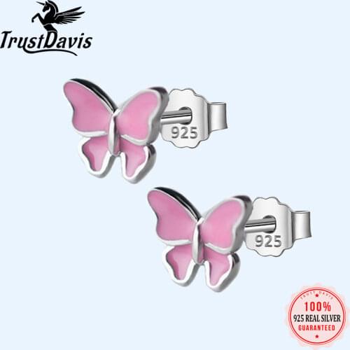Trustdavis Authentic 925 Sterling Silver Fashion Cute Pink Butterfly Stud Earrings For Women Wedding Party Jewelry Gift DS32