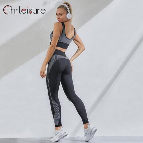 CHRLEISURE Two Piece Set Women Yoga Set High Waist Sportswear Push Up Leggings Fitness Elasticity Tracksuit Women