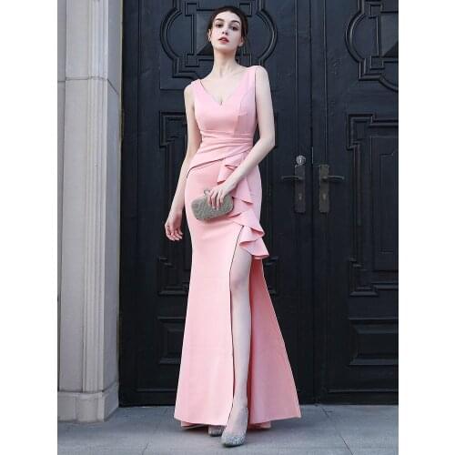 2021 New Candy Color Women Sexy Party Maxi Dress Royal Blue Soft Satin V Neck Slit Evening Dress