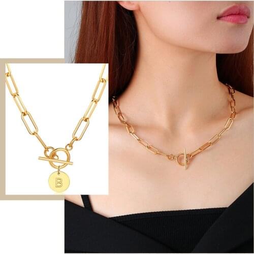 Women Initial Coin Charm Necklaces,Stainless Steel 26 Alphabet Letters Pendant,Chic Rectangle Chain with Toggle Clasp