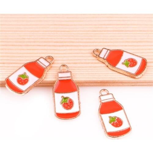10pcs 22*10mm Alloy Enamel Drop Oil Strawberry juice bottle golden Pendant Findings Charms for DIY Necklace Accessories Making