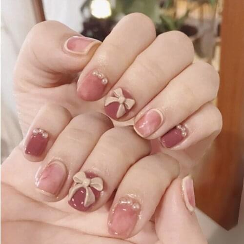 24pcs Bow Nail Patch Pearl Inlaid Glue Type Removable Short Paragraph Fashion Manicure Save Time False Nails Patch Nail Art