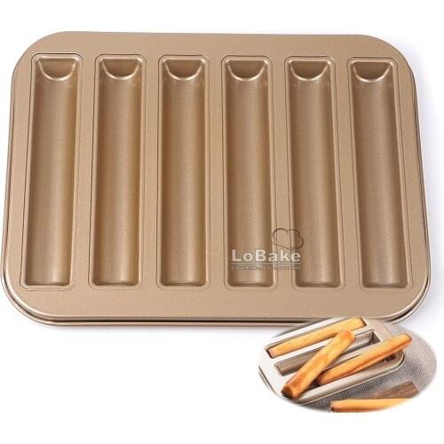 6 cavities nonstick champagne gold coating cigar fernand ice cream mold mini baguette tray pan hotdog bread mold baking tools