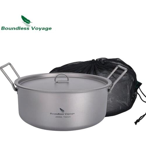 Boundless Voyage 2L Camping Pot Titanium Stock Pot Outdoor Portable Holloware with Lid & Folding Handle Hiking Picnic Cookware