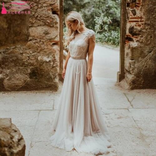 Bohemian Wedding Dresses Beads Hang Tulle Skirt V-Neck Summer Beach Bridal Gowns Romantic Engagement Noivas ZW401