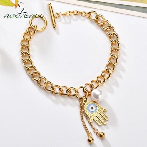 Nextvance Simulated Pearl Tassel Bracelet Evil Eye Hand of Fatima Bracelets for Girlfriend Gift Solid Stainless Steel Jewelry