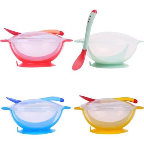 Baby Tableware Dinnerware Suction Bowl With Temperature Sensing Spoon Baby Food Kids Safety Dinner Feeding Bowls Dishes