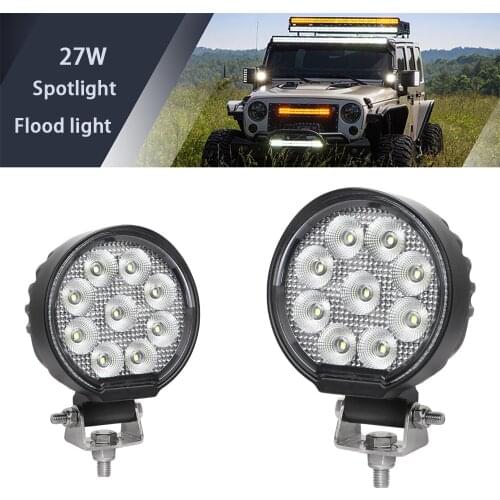 Car LED Work Light 27W Round Flood Spot Light Offroad Light Bar 9-32V 6000K Waterproof Tractor Headlight for Truck Car SUV Boat