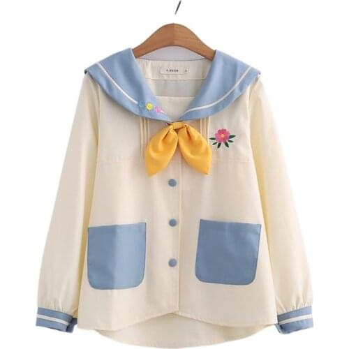 Floral Embroidery Harakuju Women Jackets Full Sleeve Sailor Collar Cotton Coats 2021 Autumn Kawaii Cute Sweet Style Outerwear