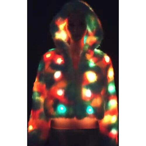 Cute Colorful Neon Light Up LED Cropped Faux Fur Jacket for Women Sexy Girls Rave Stage LED Crop Faux Fur Jackets Plus Size