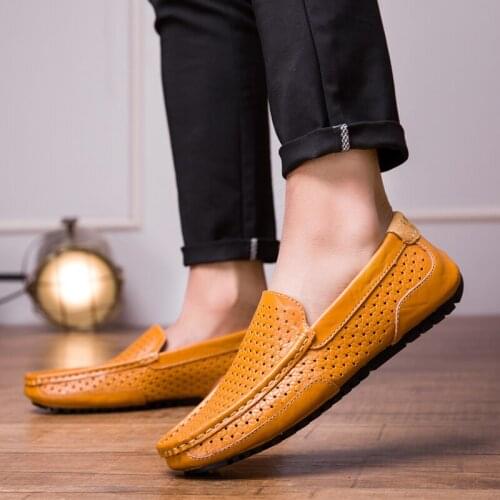 Genuine Leather Men Casual Summer Hollow Out Mens Comfortable Loafers Luxury Moccasins Breathable Slip on Driving Boat Shoes