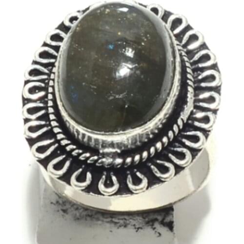Genuine Labradorite Ring Silver Overlay over Copper, Hand Made Women Jewelry gift , USA Size: 6