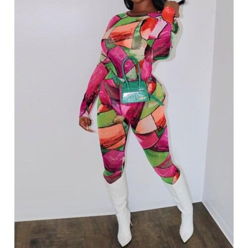 OMSJ Printing Tracksuit Two Pcs Sports Outfits O-neck Long Sleeve Slim T-shirt+Jogging Full Pants Women Matching Sets Streetwear