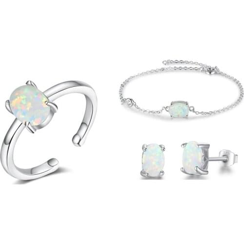 Opal Jewelry Sets 925 Sterling Silver Oval Stone Stud Earrings Bracelets Open Rings Korean Jewelry Women Wedding Party Gifts