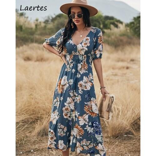 Laertes Summer Midi Dress V Neck Short Sleeve Floral Printting Boho Dresses Vintage Casual Female Clothes Streetwear Vestidos