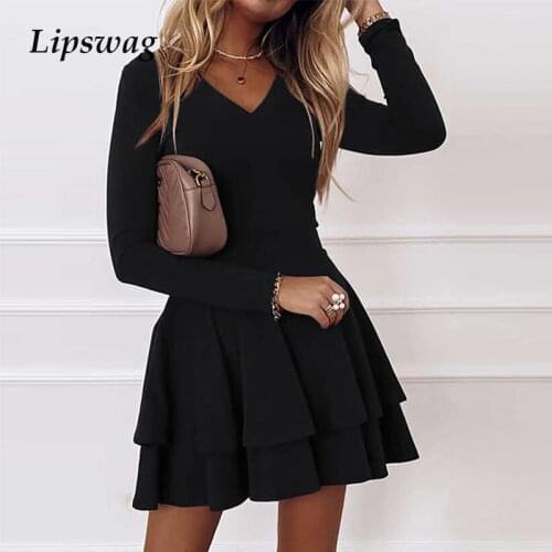 Sexy Women V neck Pleated Party Dress Spring Solid Casual Long Sleeve Loose Dress Elegant Autumn Office Lady Mini Dress Vestidos