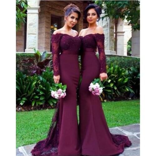 Sexy Burgundy Bridesmaid Dresses Full Sleeve Chiffon Mother Bride Dress Mermaid Vestido Mae Da Noiva Formal Gowns