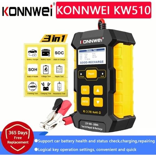 KONNWEI KW510 Full Automatic 12V Car Battery Tester Pulse Repair 5A Battery Chargers Wet Dry AGM Gel Lead Acid Car Repair Tool