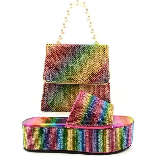 Fashion Mixcolor Platform Heel 5.5CM Women Pumps Match Bag With Rhinestone Decoration African Shoes And Handbag Set 0201