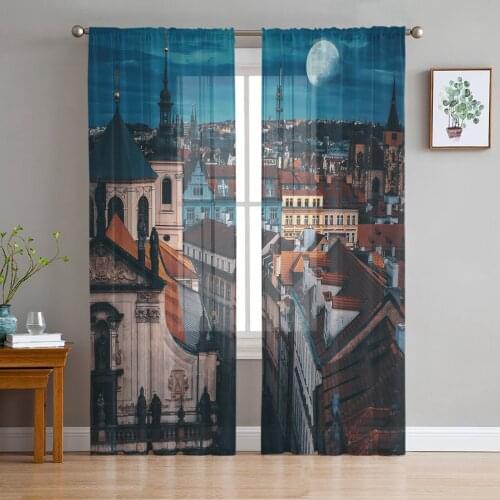 Prague Night Scenery Sheer Curtains for Living Room Bedroom Kitchen Tulle for Windows Voile Drapes Home Decoration