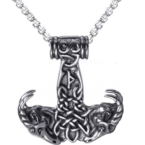 Viking Thors Hammer Celtic Knot Goat Skull Pendant Necklace for Men with Stainless Steel Chain