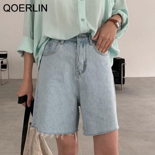 QOERLIN Vintage Ripped Jeans Trouser Korean Loose High Waist Wide Leg Denim Shorts Women Capri Pants Plus Size Bermuda Shorts