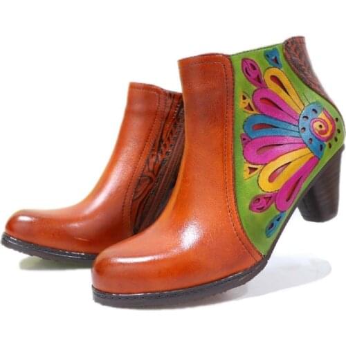 Retro Women Boots Sun Flower Genuine Leather Splicing Zipper Lace Up Comfy 3-5CM Thick High Heel flower Retro Shoes Women 2020