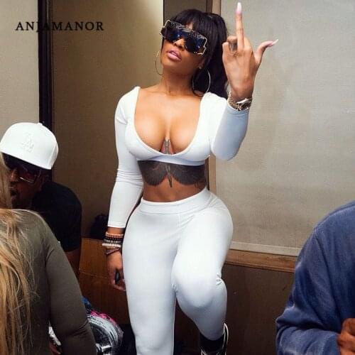 ANJAMANOR Sexy Two Piece Pant Set Solid Ribbed Knit Deep V Neck Long Sleeve Crop Top Leggings Womens Fall Collection D85-DZ40