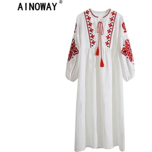 Vintage chic women Floral emberoidery o-neck lantern sleeve beach Bohemian maxi dresses Ladies Summer Boho dress vestidos