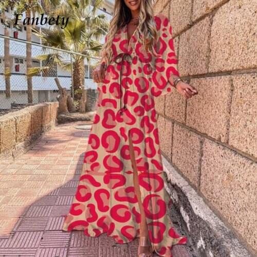 Sexy Heart Print Elastic Waist Slit Long Dress Women Elegant V Neck Loose A-Line Party Dress Autumn Hem Robe Vintage Maxi Dress