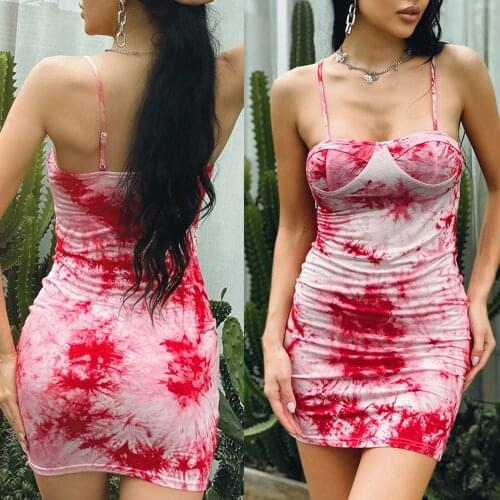 Female Dress Adults Tie-Dye Print Sleeveless Spaghetti Strap One-Piece for Summer Red XS S M L