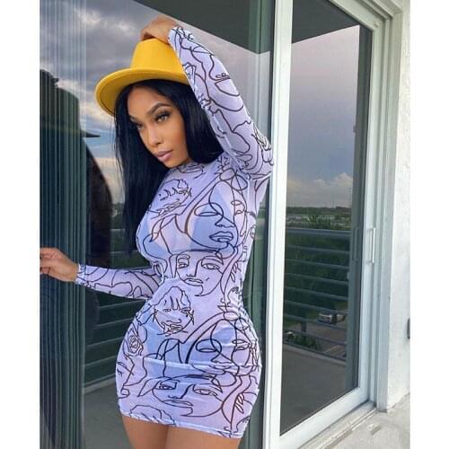 Character Print Mesh See Through Sexy Mini Dresses for Women O-neck Long Sleeve Summer Dress Clubwear Night Party Bodycon Dress