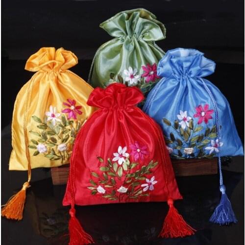 Ribbon Embroidered Tassel Large Gift Bag Christmas Pouch Wedding Party Favor Bags Fabric Drawstring Lavender Gift Bags 10pcs/lo