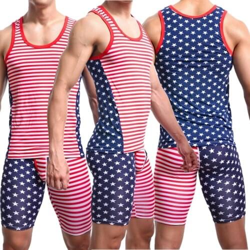 2PCS Sexy Clothes Set Cotton Men Tank Tops Casual Men Undershirts Sleeveless Vest Top Tight Boxer Underwear Sleepwear Pyjama Set