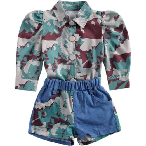 2021 Summer Fashion Kids Girls Clothes Sets Camouflage Print Long Puff Sleeve Single Breasted Shirts Tops Denim Shorts Sets