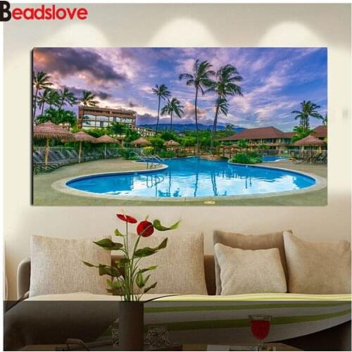 5d Diamond Painting Full Square Round Drill Diy Diamond Embroidery Natural scenery Resort House Maui Hawaii Pool Palm