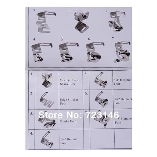 7pcs Overlock Machine Presser Foot Feet kit Wholesale Special Hemmer And Binder for Janome for Brothers 1/4 2. 3/8 3. 5/8 4. 7/8