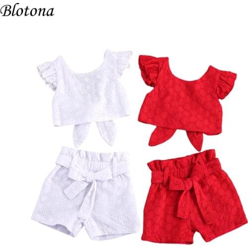 Blotona Girls Summer Clothing Set Jacquard Flying Sleeve Backless T-shirt + Shorts 2Pcs Suit for Photography Party 0-5Years