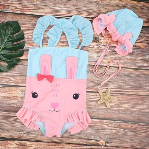 Toddler One-Piece Girls Swimsuit Swimming Sets With Swimming Cap 1-5 Years Rabbit Print Baby Swimwear Girl Bathing Suit