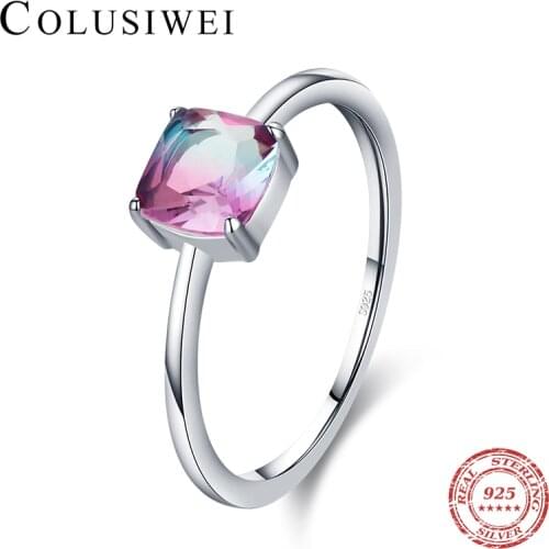 Colusiwei 925 Sterling Silver Cushion Cut Rainbow Tourmaline Finger Rings for Women Fashion Ring Wedding Statement Fine Jewelry