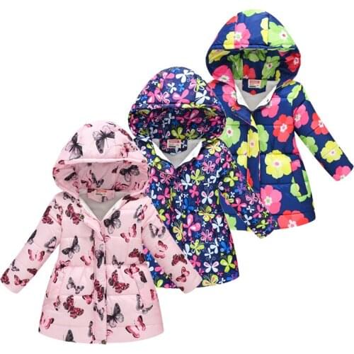2019 Winter Cotton Clothes 4-8y Girls Printed Floral Long Jacket Children Zipper Hooded Clothing Tops Big Girls Outerwear Parka