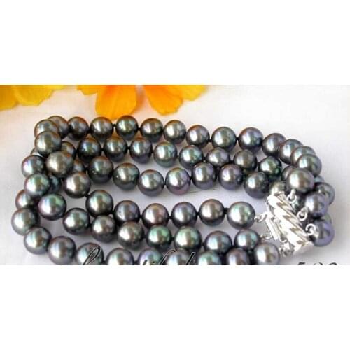 Beautiful 3row 8" 8-9mm black round freshwater pearl bracelet k