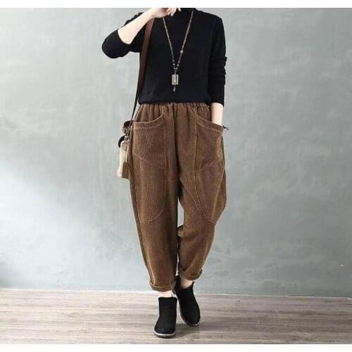 Autumn New Arts Style Women Elastic Waist Loose Pants All-matched Casual Corduroy Vintage Harem Pants Plus Size Trousers