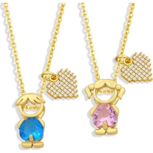 FLOLA Gold Chain Boy and Girl Necklace Pendant Copper CZ White Stone Small Heart Cute Friendship Necklaces Family Jewelry nkey30