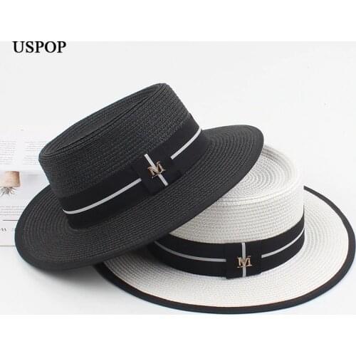 USPOP Women hat summer sun hat panama straw hat shade beach hat female letter M straw fedoras