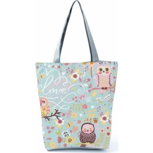 Lovely Cartoon Pattern Shoulder Bag Owl Floral Print Handbag Pretty Fashion Tote High Capacity Shopping Bag Portable Travel Bag