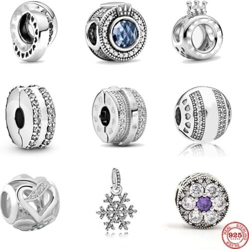 Sparkling Blue Crown pave lines clip snowflake heart DIY fine beads Fit Original Pandora Charms silver 925 Bracelet Jewelry