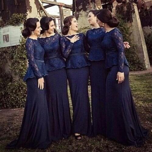 Dark Navy Mermaid Bridesmaid Dresses 2020 Bateau Neck Long Sleeves Lace Satin Peplum Muslim Prom Dresses Formal Gowns
