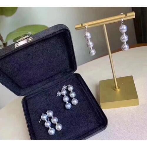 Jewelry Fresh water pearl ear line is round, strong light is basically flawless, gray S925 Silver pearl earrings