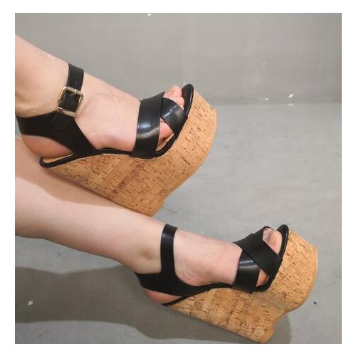 Moraima Snc Black Leather Wedge Sandal Summer Peep Toe Platform Ankle Strap Gladiaotr Shoes Super High Sexy Sandal